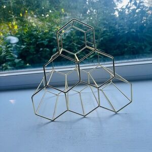 Gold Geometric Honeycomb Wine Rack 6 Bottle Metal Countertop Holder Modern Decor
